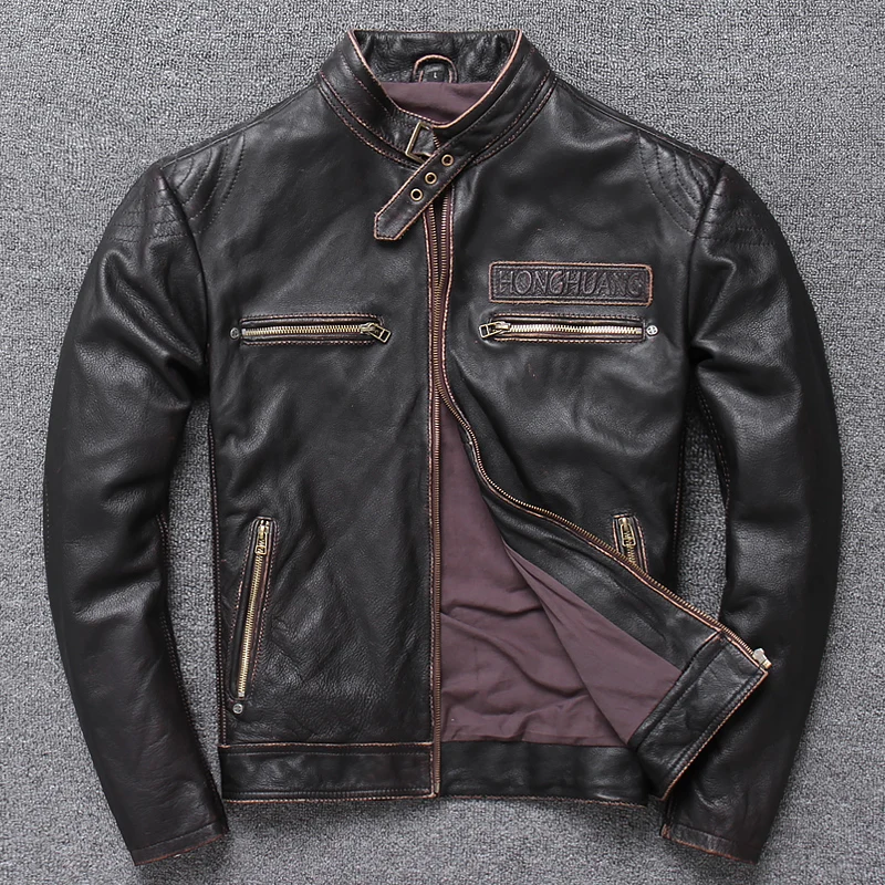 

Vintage Lear Lear Brown Lear Jacket Tide Male Head Layer Cowhide Collar Cultivate Handsome Cow Lear Jackets Manswear