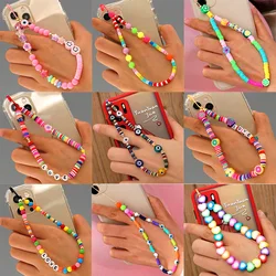 Summer Colorful Soft Polymer Clay Mobile Phone Strap Chain Lanyards Women Girls Bohemia Pearl Rope For Phone Case Hanging Cord
