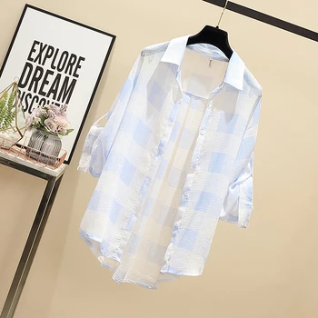 

Women Tops And Blouses Plus Size Summer Clothes Sun Protection Clothing Turn-down Collar Full Plaid Decoration 2020