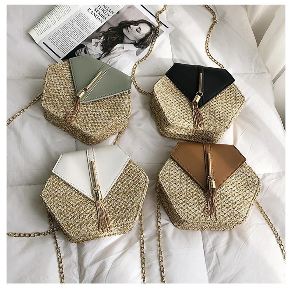 

New Fashion Hexagon Mulit Style Straw + PU Bag Handbags Women Summer Rattan Bag Handmade Woven