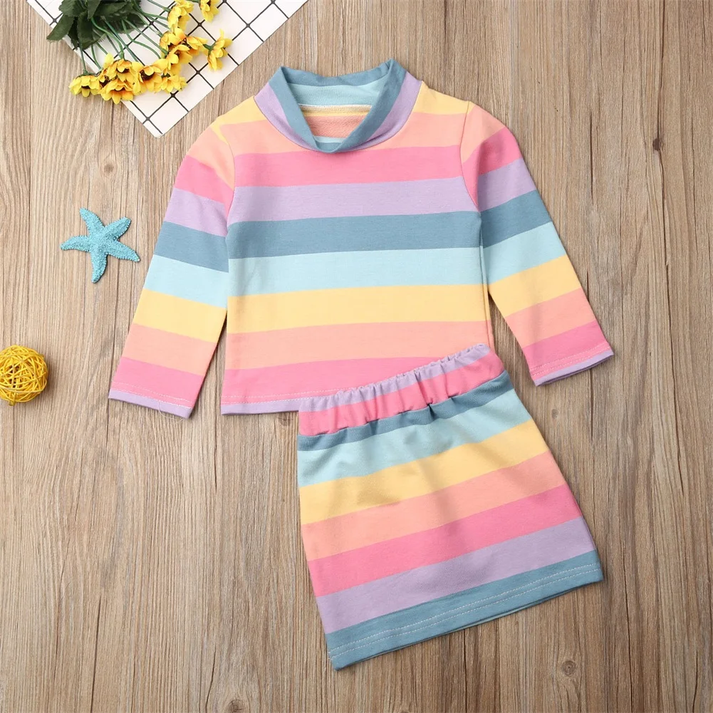 Детская одежда для малышки, топ в радужную полоску с длинными рукавами для маленьких девочек, футболка с юбкой, наряд, популярная осенняя одежда