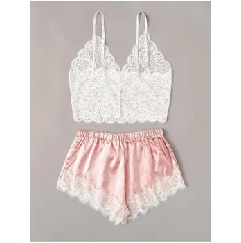 

2pcs Womens Lace Pajama Set Sleeveless Crop Tops Elastic Bowknot Shorts Ladies Two Piece Set Solid Color Sleepwear Summer Pajama
