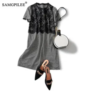 

Women Dresses Summer 2020 Casual Dress A Line Patchwork Short Dress Lace Mini Dresses Empire O-neck Plus Size Women Dress 3XL