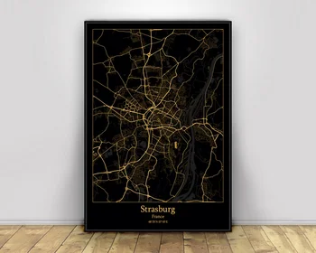 

Strasburg France Black&Gold City Light Maps Custom World City Map Posters Canvas Prints Nordic Style Wall Art Home Decor