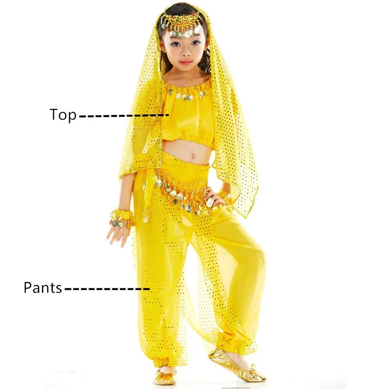 Yellow 2pcs Детский набор костюма для танца живота Восточные Танцевальные детские штаны Индийский танец живота Болливуд сценический костюм для девочек - Цвет: Yellow 2pcs
