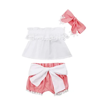 

Newborn Baby Girls Clothes Off Shoulder Tassel Tops Crop Top + Headband + Pink Shorts with Big Bow Outfits Summer Clothes Set