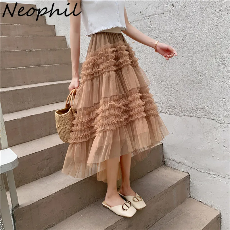 Neophil-Faldas largas de cintura alta para mujer, falda de malla asimétrica, color negro, acampanada y escalonada, para verano, S21814, 2022 - AliExpress