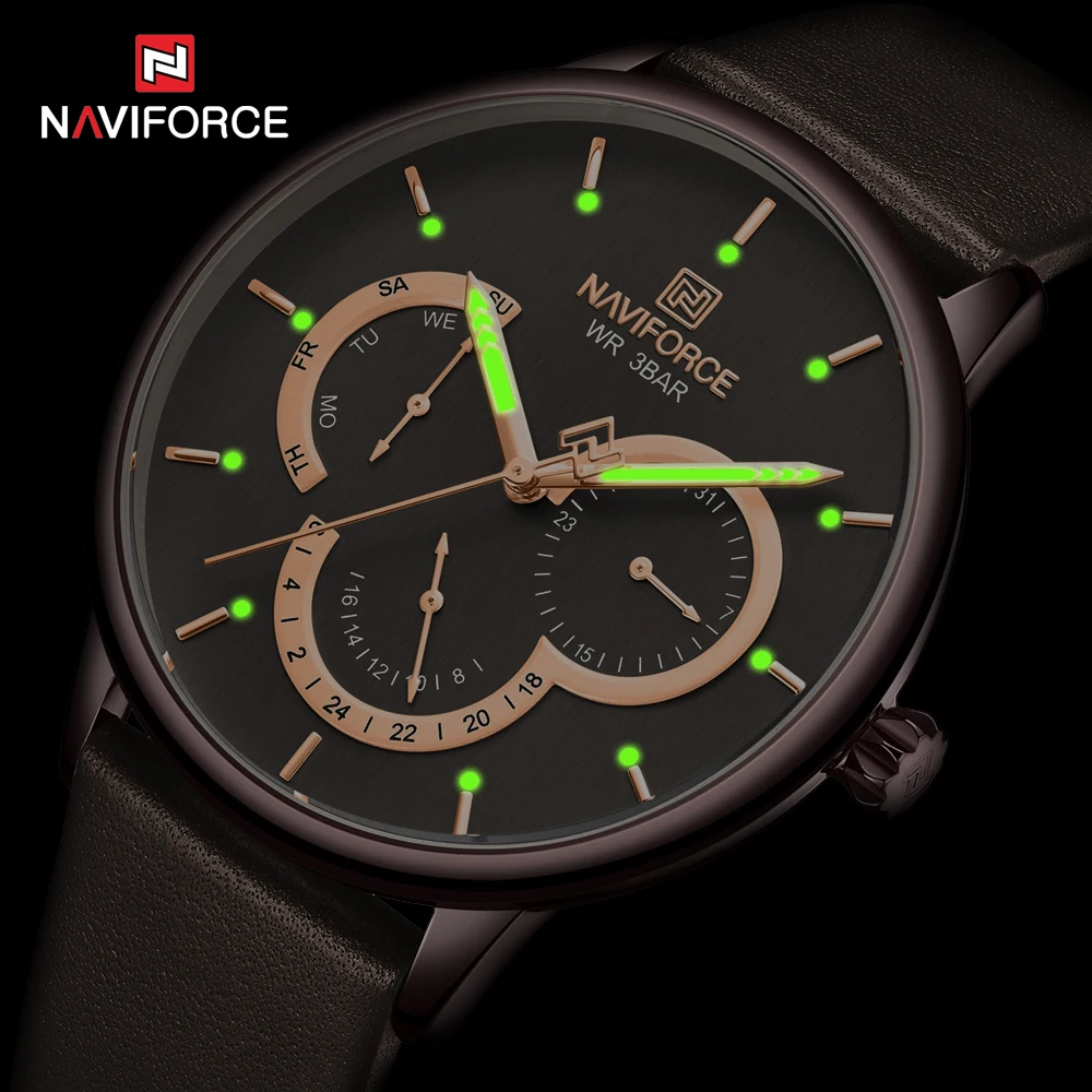 Часы с большим циферблатом, хронограф, кожаные часы для мужчин, NAVIFORCE, Новые повседневные Брендовые Часы для мужчин, светящиеся часы с календарем, кварцевые часы