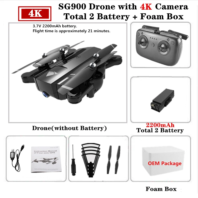 4K-2200-Box1 Радиоуправляемый Дрон SG900 с 720P 4K HD Двойная камера складной следящий за мной Квадрокоптер FPV Профессиональный беспилотник долгий срок службы батареи игрушка для детей - Цвет: 4K-2200-Box1