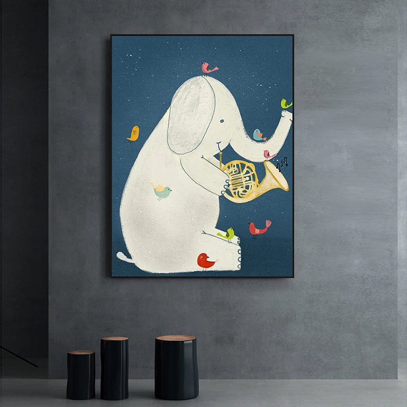 Elephant Playing The Trumpet Star Canvas Children Poster Print Baby