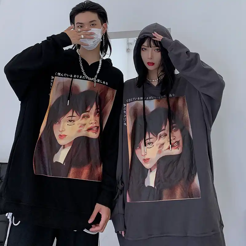 Aolamegsゴシックコミックガールイラスト漢字プリントパーカーメンズシャツ秋パンクロックハイストリートファッションフード付きプルオーバー パーカー スウェット Aliexpress