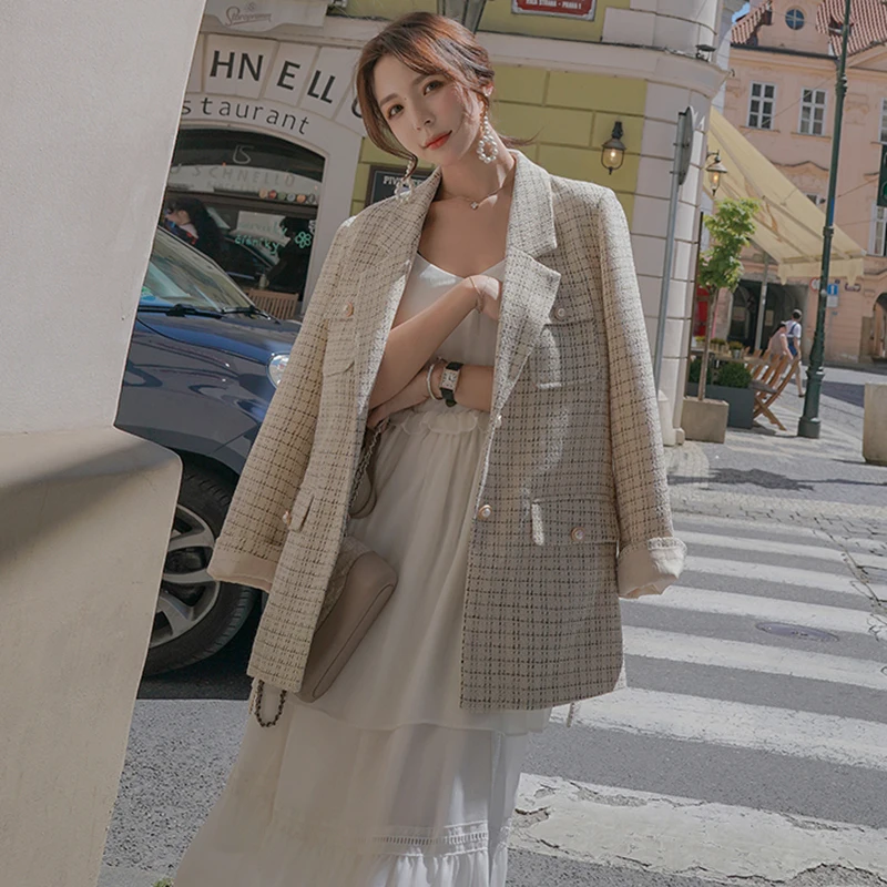 

Autumn Spring Plaid Blazer Women Elegant Lace Up Full Sleeve Work Jacket Notched Collar Outerwear Retro Button Lattice Suit