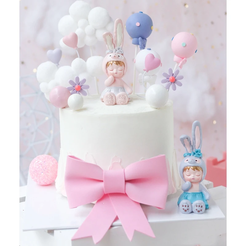 Gender Reveal Pink and Blue Bunnies 24 count baby shower party decorations Bunny cupcake toppers w/pom pom tails 
