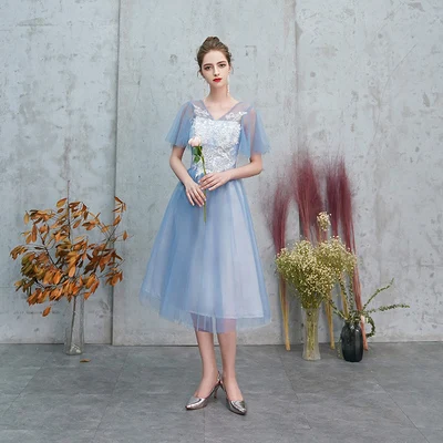 Свадебная вечеринка элегантное платье невесты Vestidos вышивка плюс Размеры Тюль Чай-Длина пикантные серый розовый Младший платье на выпускной "принцесса" - Цвет: D midi grey blue