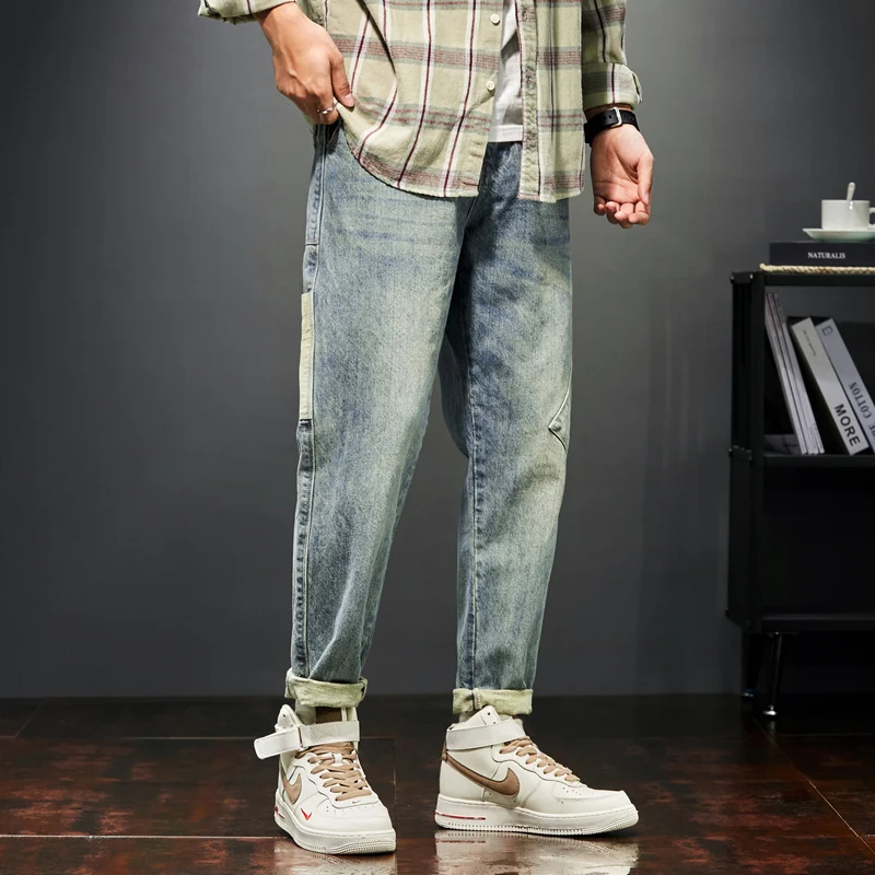 KSTUN Jeans Men Loose Fit Retro Blue 2022 Autumn Wide Leg Pants Denim Trousers Korean Style Fashion