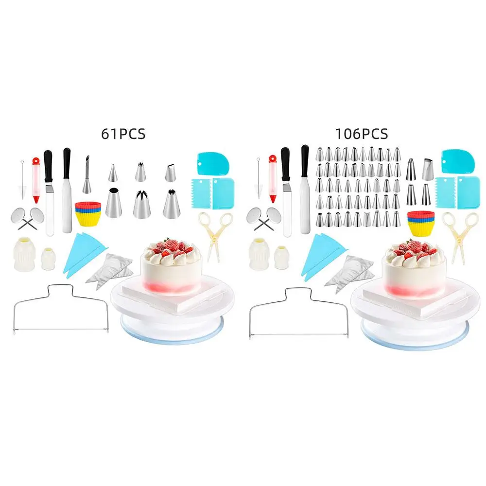 Cake Decoration Tool Set Turntable Baking Tools 61pcs Silicone Useful New Two-Line Layerer Pastry Bags Muffin Cup | Дом и сад
