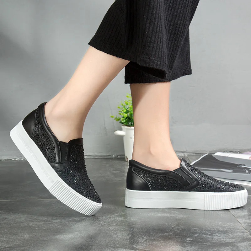 

2019 Spring Summer Flat Loafers Women's Genuine Leather Within Loafers Extra High Thick Bottomed Casual Shoes Man-made Diamond S