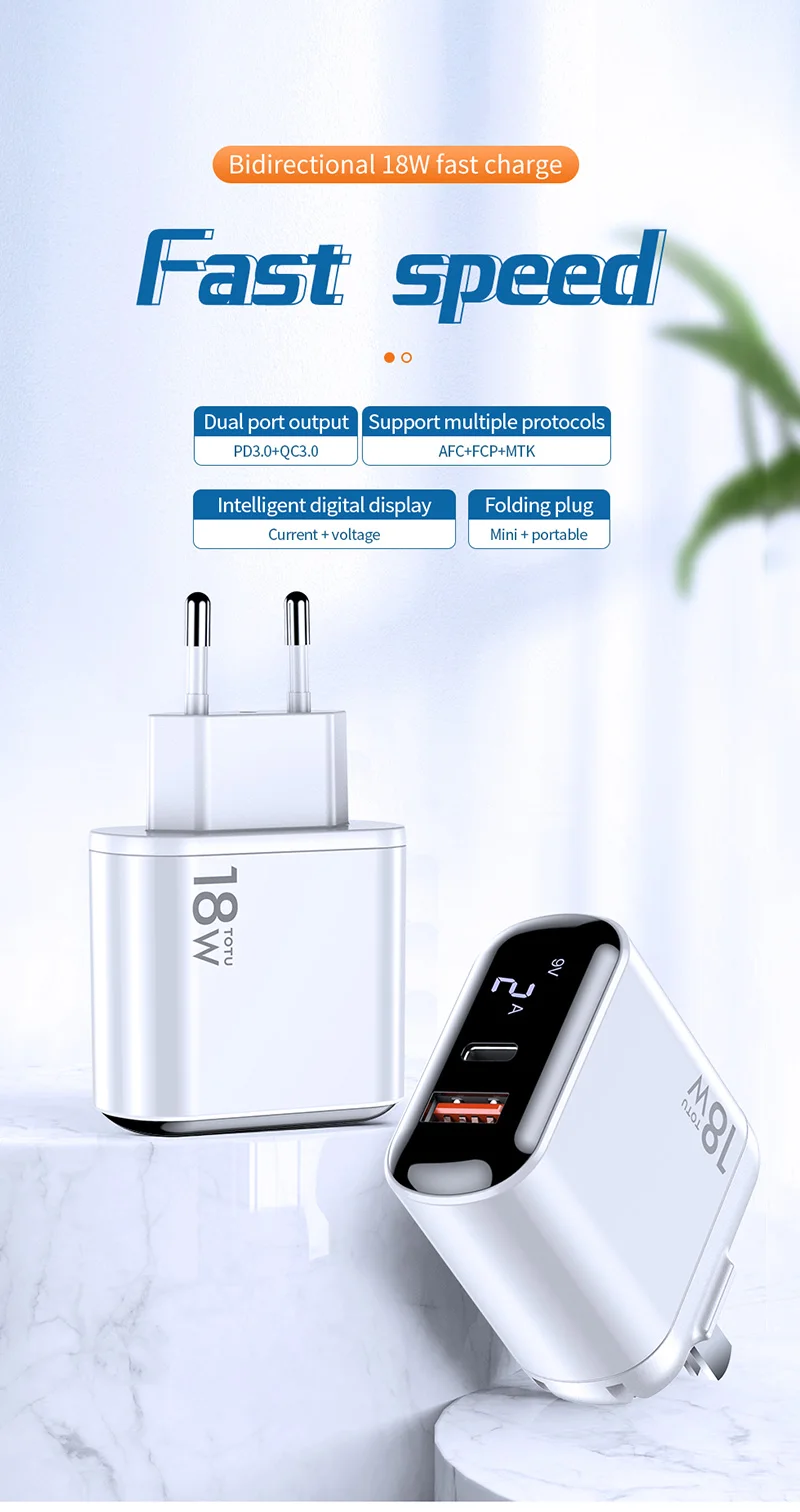 TOTU EU phone travel charger with LED display, fast charge PD18w + QC3.0 home travel wall charger
