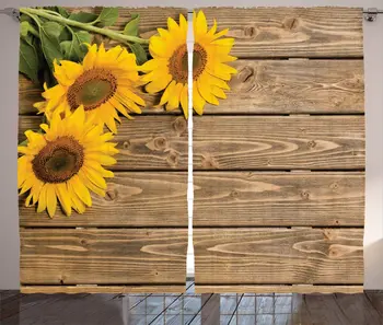 

Sunflower Curtains 3 Sunflowers on Wooden Background at Top Left Corner Picture Print Living Room Bedroom Window Drapes Umber