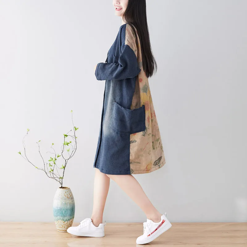 Chun xin Distressed panel Midi пальто свободного кроя большого размера Artsy trench Coat Кардиган с v-образным вырезом - Цвет: Синий