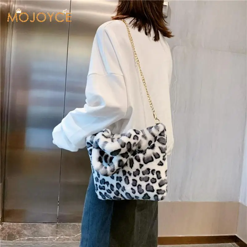 New Women Winter Faux Fur Shoulder Bag Handbag lady Leopard print Handbag Plush Totes Messenger Handbag Tote Bag Dropshipping