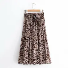 New Women Vintage leopard printing pleated midi skirt faldas mujer ladies elastic waist sashes chic mid-calf skirts