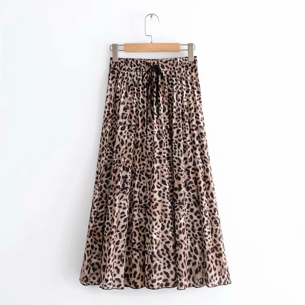 

2019 New Women Vintage leopard printing pleated midi skirt faldas mujer ladies elastic waist sashes chic mid-calf skirts