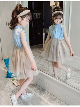 

New girls summer dress large children's sleeveless denim stitching vest skirt fashion pettiskirt girl princess dress skirt