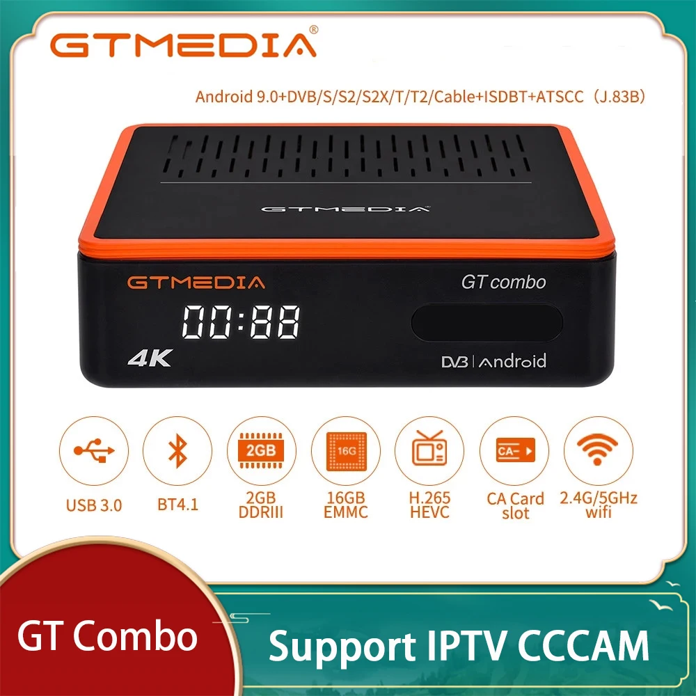 Gtmedia gt combo 4k 8k android 9 0 iptv cccam smart tv box dvb s2 t2