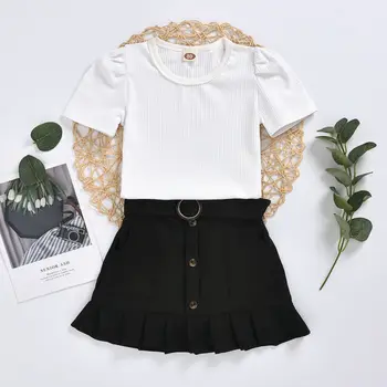

2PCS Baby Girl Summer Clothing Set Ruffle Suit Casual Clothes Top+Mini Button Ruffle Skirt Outfits Set
