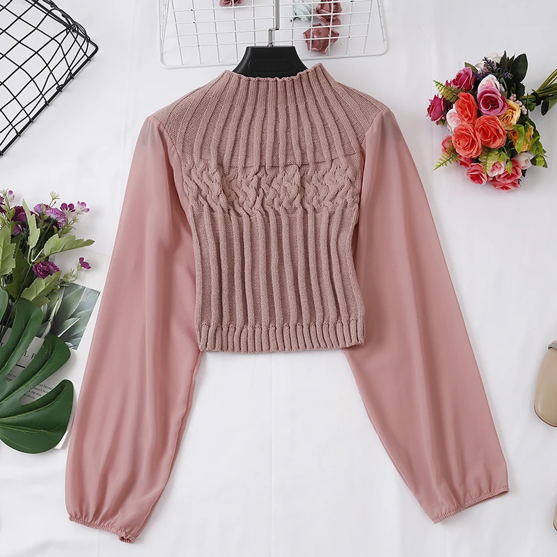 

2021 Spring Casual Lantern Sleeve Chiffon Sleeve Stretchy Shirts Fashion Pit Knitting Slim Elastic Top Women Blouse
