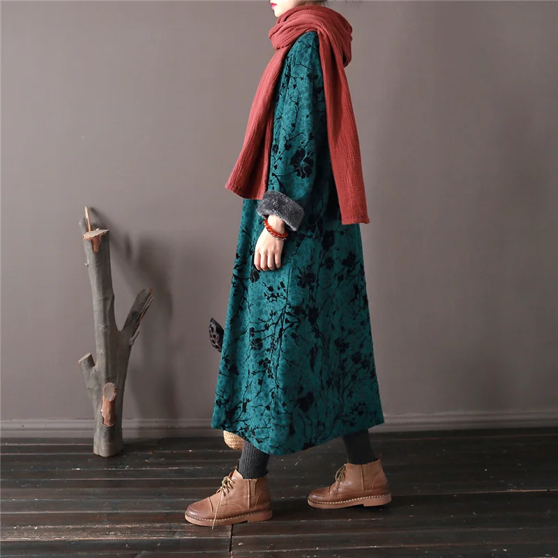 Женские Жаккардовые винтажные платья в китайском стиле, флисовые халаты, новинка зимы, 3 цвета, женская одежда, теплые хлопковые платья