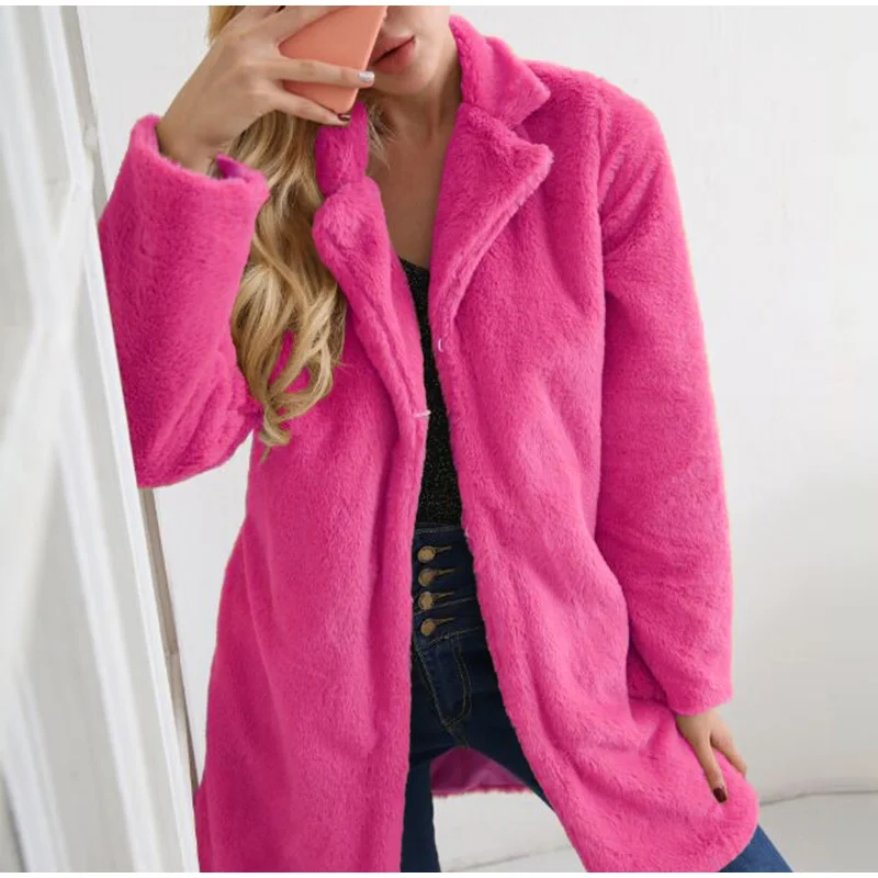 Женское зимнее пальто из искусственного меха розового и красного цвета с отложным воротником, теплая верхняя одежда для женщин, корейские модные плотные пальто для женщин