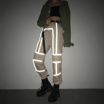 

Women Pants Hot Ins Street Reflective Stitching Overalls Women Loose Beam Feet Trousers Black Overalls Women 2019 Autumn