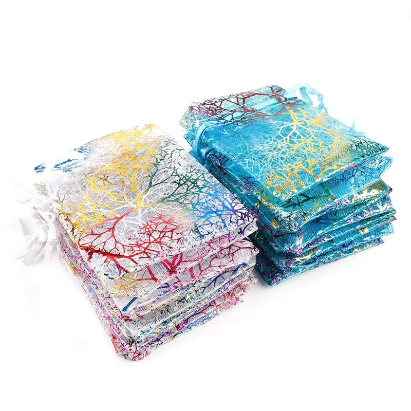 13x18 CM color hot stamping organza bundle pocket beautiful lake blue organza transparent gift bag Christmas bag 100pcs