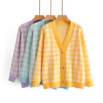 

Plaid V Neck Knit Sweater Women Autumn 2020 Female Casual Long Sleeve Cardigan Knitted Sweaters Coat Femme Winter Warm Clothes