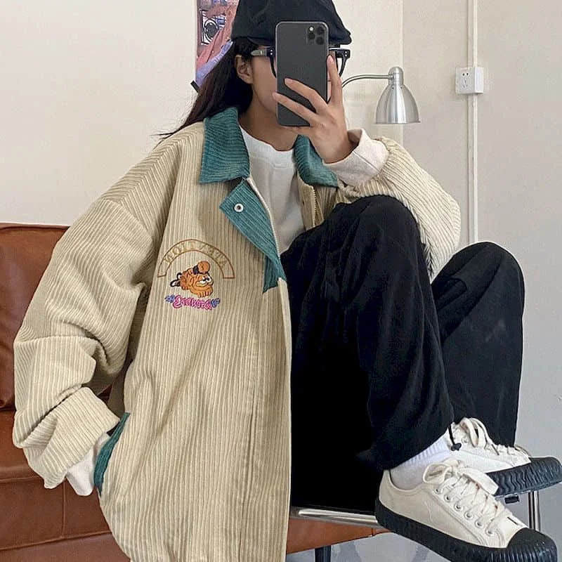 Corduroy jacket women 2021 spring autumn baseball uniform new kawaii Korean high street Harajuku preppy style jacket unisex top