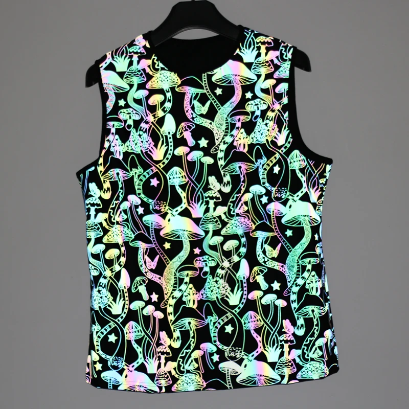 Summer Men's Sets Mushroom Print Reflective Tank Top Elasticity Breathable Sleeveless TShirt Sportswear Shorts Joggers tracksuit 6