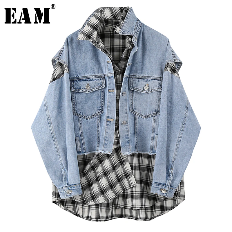 jean jacket with plaid sleeves