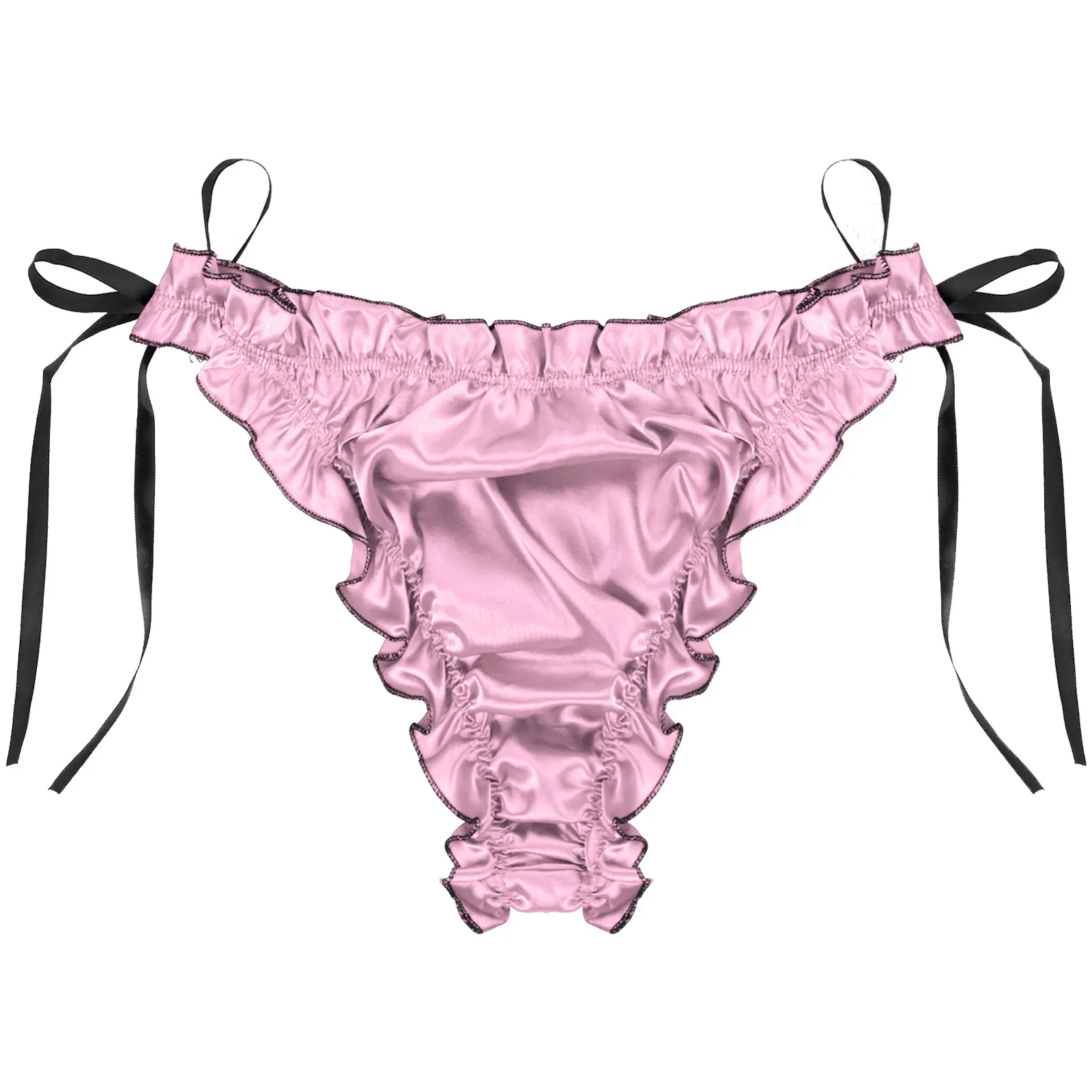 Men's Low Waist Panties Ruffles Satin Briefs Breathable Lace-up Pleated Trim Underpants Sissy Male Gay Underwear Sexy Shorts