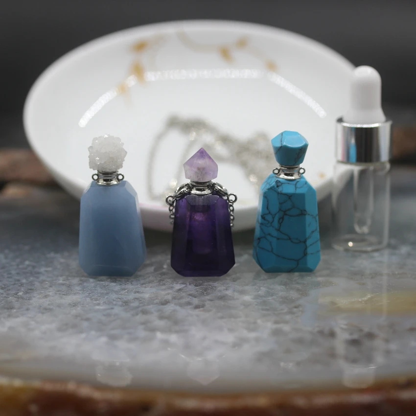 Natural Aquamarines/Amethysts/Turquoises Perfume Bottle Pendants,Plated Silver Essential Oil Diffuser Necklace Charms Jewelry