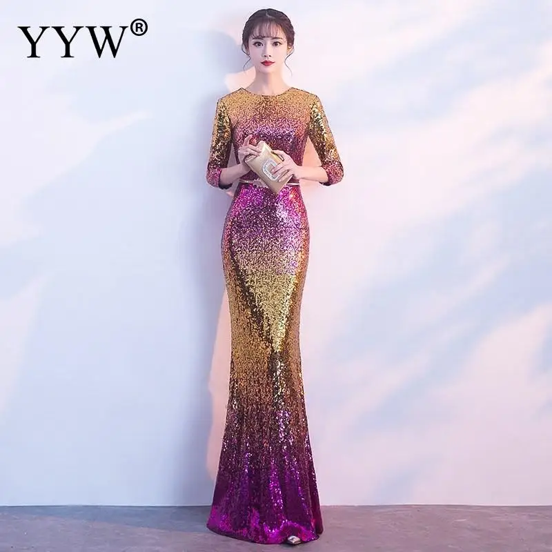 Новинка, женское модное платье с блестками, 3/4 рукав, Русалка, круглый вырез, вечерние платья, сексуальное платье De Soiree, женское тонкое элегантное вечернее платье