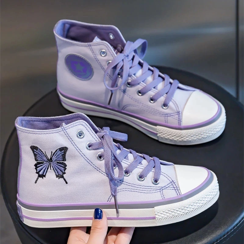 Zapatos de lona vulcanizados para mujer, zapatillas planas informales con bordado de mariposa, color púrpura, a la moda, para primavera