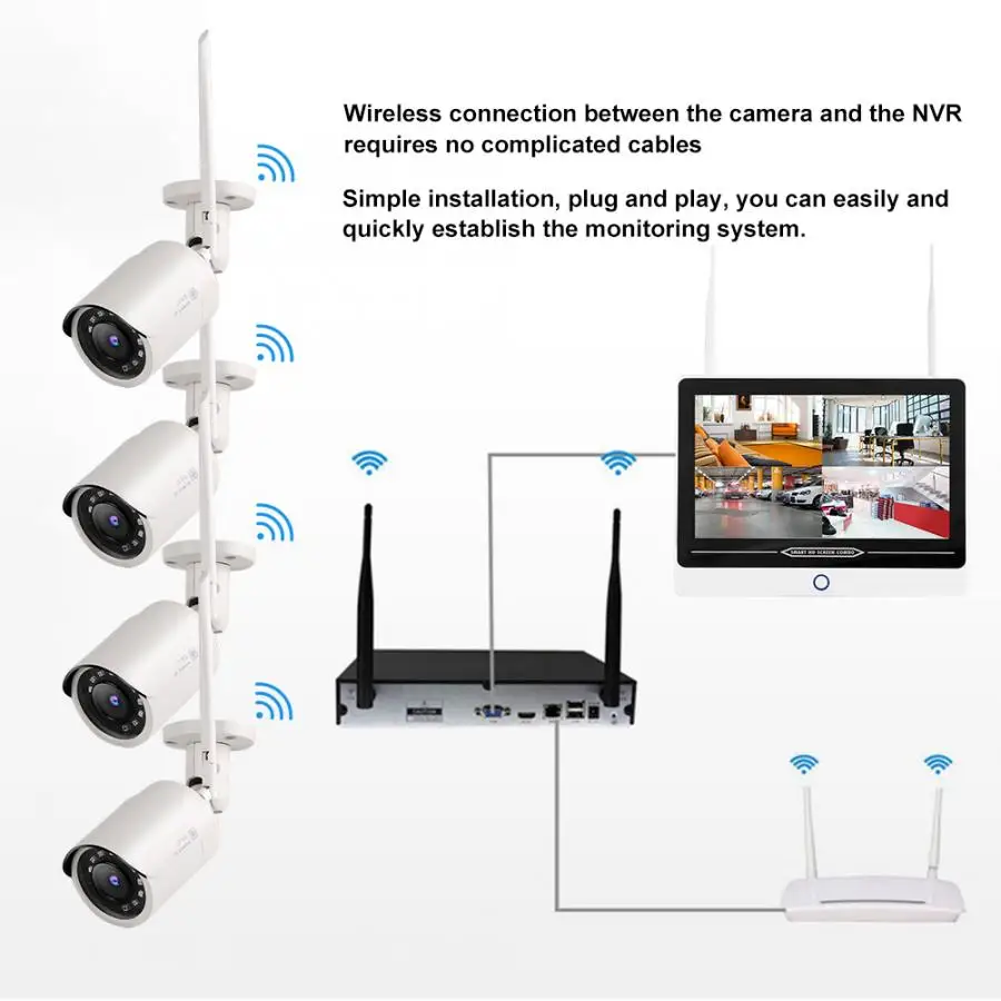 12.5in LCD Monitor 4CH Wifi NVR 1080P Wireless Security Camera System for Onvif 100-240V Wireless Camera