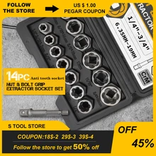 

14pc 3/8 Inch Socket Set Damaged Impact Socket Tool Set Socket Set Nut And Bolt Extractor Impact Bolt & Nut Remover