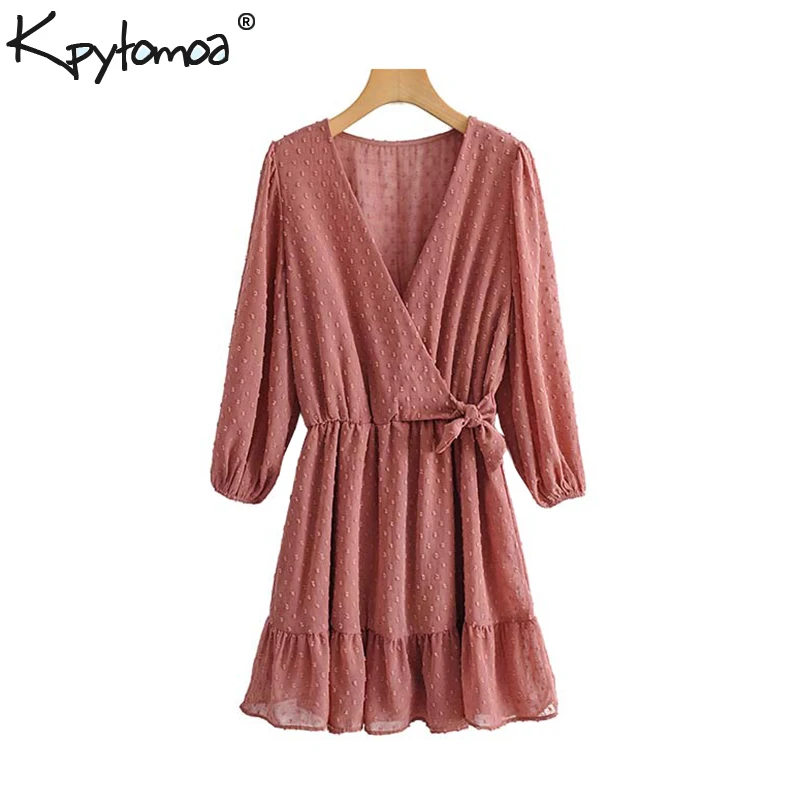 Comprar Mono elegante Vintage de chifón atado con lazo punteado para mujer 2019 moda cuello en V manga larga cintura elástica Mujer Chic
