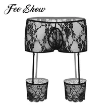 Мужское сексуальное кружевное нижнее белье с цветочным принтом, мужское Прозрачное нижнее белье, трусы-боксеры с мешочком и поясом для ног, одежда для сна, трусы для геев