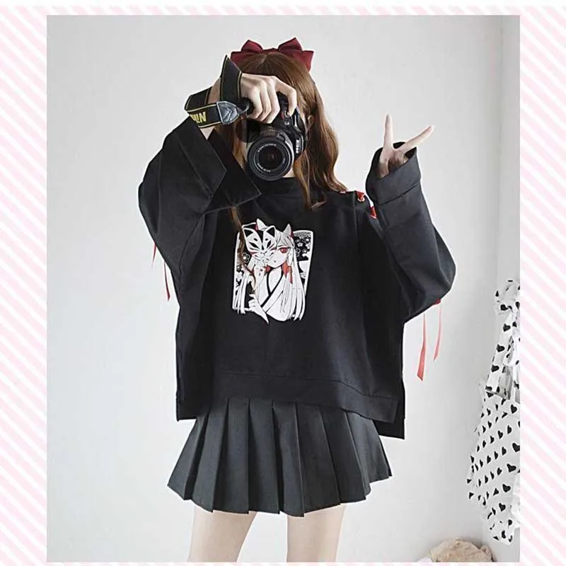 NiceMix/винтажная толстовка с капюшоном в стиле японской Лолиты в стиле Харадзюку, с принтом лисы, на шнуровке, с длинными рукавами, рубашки топы в стиле панк для темных девушек