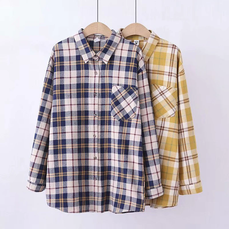 Women Long Sleeve Plaid Blouse Causal Shirts Office Turn Down Collar Fashion Shirt Plus Size Loose Pocket Blouse Haut Femme