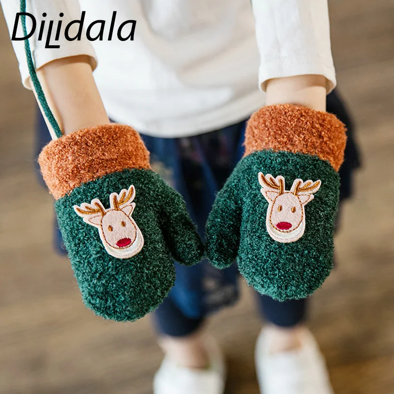 Dilidala/Детские перчатки с оленем, вязаные милые теплые перчатки с плюшевой подкладкой, вязаные детские осенне-зимние детские перчатки с мультипликационным принтом